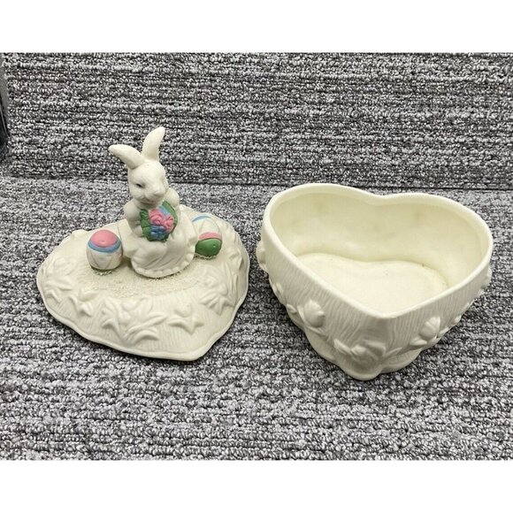 Heart Shaped Bisque Candy Dish Trinket Box Easter Bunny Colored Eggs w Lid 7" T - Picture 6 of 8